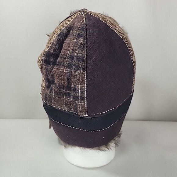 Earth Ragz Trapper Hat Brown Patchwork Faux Fur Ear Flaps Hunting Aviator Winter - Picture 4 of 12